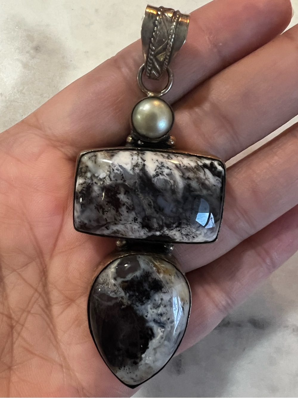 Vintage 925 Sterling Silver Dendritic Agate Pearl Artisan Pendant 26g 3” 26 g
